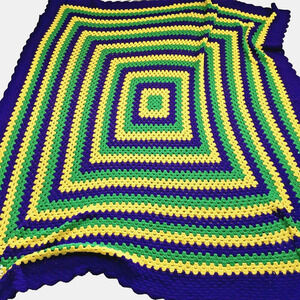 Handcrafted Crochet Blanket Or‎ Throw Bright Purple, Green & Yellow 74” X 92”
